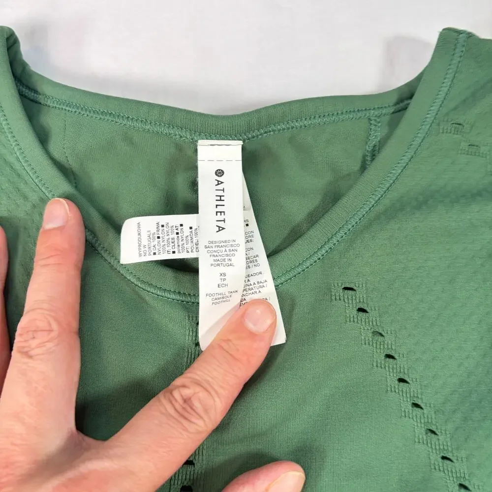 Athleta womens green Foothill tank top, pointelle details. Split back. Size XS - Picture 6 of 7